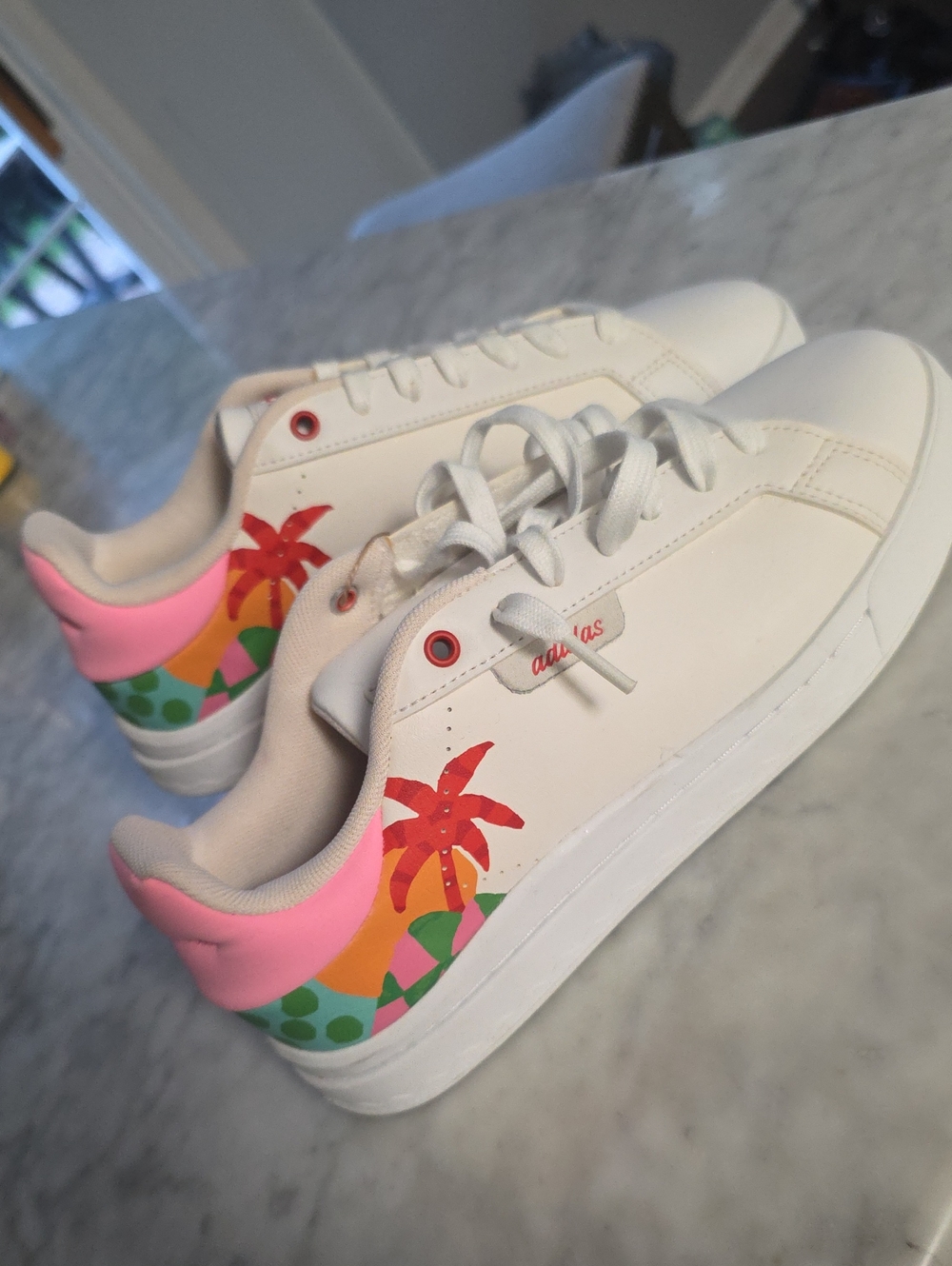 adidas White Sneakers with Pink Heel and Red Palm Graphic
